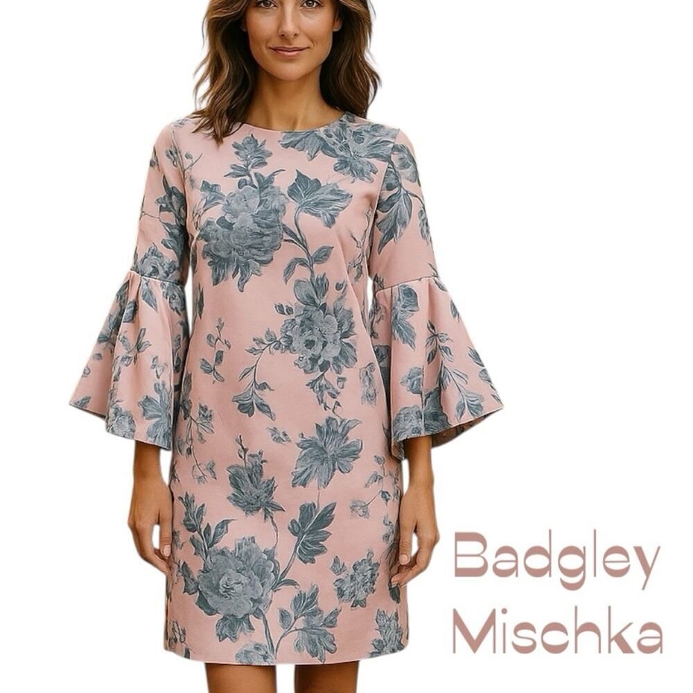 Badgley Mischka Pink Blue Floral Bell Sleeve Dress NWOT Size 6 Luxury Designer